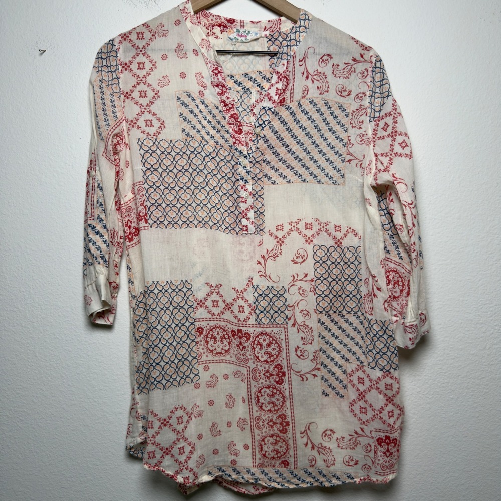 Dolma Women 100% Cotton Patchwork Tunic White Red Blue Paisley 3/4 Lagenlook